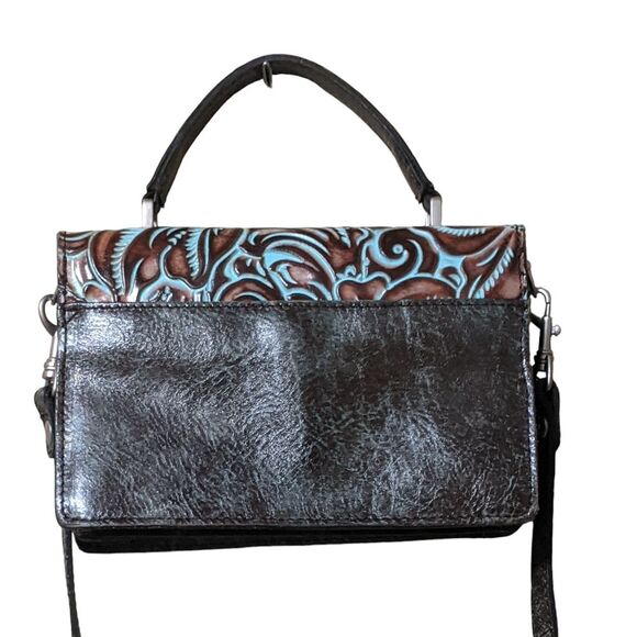 Patricia Nash tooled turquoise brown leather crossbody Porcili texture filigree - Picture 2 of 10
